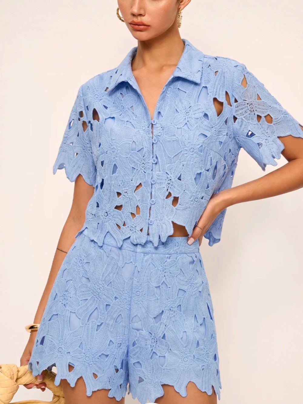 Light Blue Crochet Short Sleeve Button-Up Top - Women